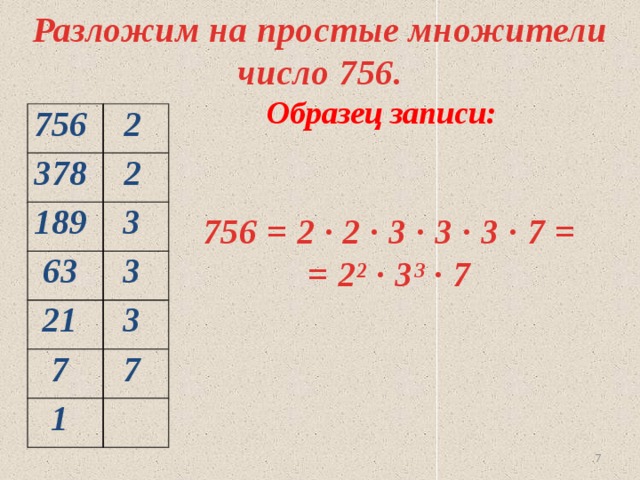Разложим на простые множители число 756. Образец записи: 756 378 2 2 189 3 63 3 21 3 7 7 1  756 = 2 ∙ 2 ∙ 3 ∙ 3 ∙ 3 ∙ 7 = = 2² ∙ 3³ ∙ 7  