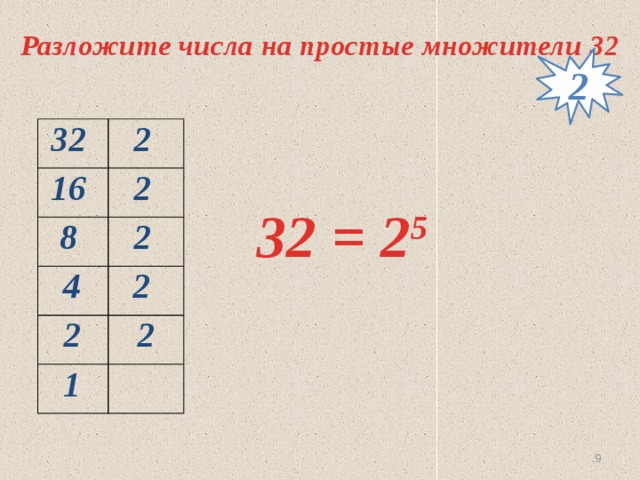 Разложите числа на простые множители 32 2 32 2 16 2 8 2 4 2 2 2 1 32 = 2 5   