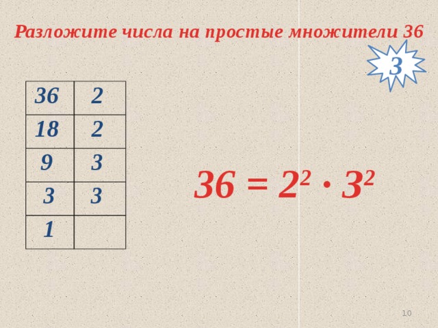 Разложите числа на простые множители 36 3 36 2 18 2 9 3 3 3 1 36 = 2 2 ∙ З 2   