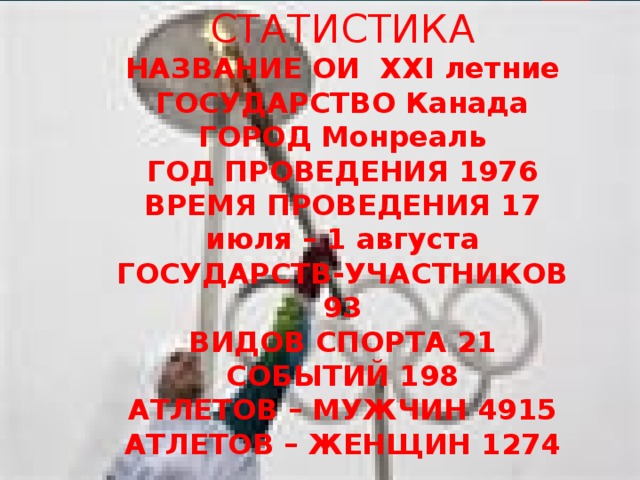 СТАТИСТИКА НАЗВАНИЕ ОИ XXI летние ГОСУДАРСТВО Канада ГОРОД Монреаль ГОД ПРОВЕДЕНИЯ 1976 ВРЕМЯ ПРОВЕДЕНИЯ 17 июля – 1 августа ГОСУДАРСТВ-УЧАСТНИКОВ 93 ВИДОВ СПОРТА 21 СОБЫТИЙ 198 АТЛЕТОВ – МУЖЧИН 4915 АТЛЕТОВ – ЖЕНЩИН 1274 