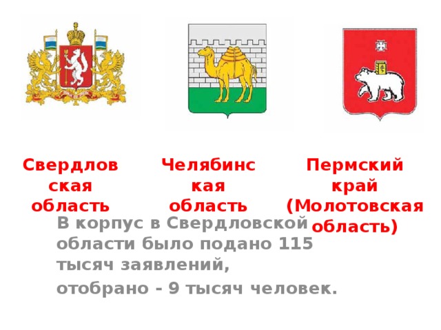 Свердловская область Челябинская область Пермский край (Молотовская область) В корпус в Свердловской области было подано 115 тысяч заявлений, отобрано - 9 тысяч человек.  