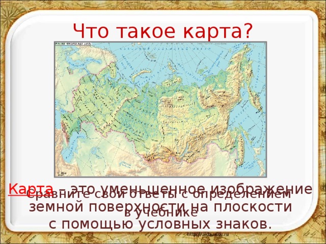 Карта это изображение земной поверхности на плоскости с помощью