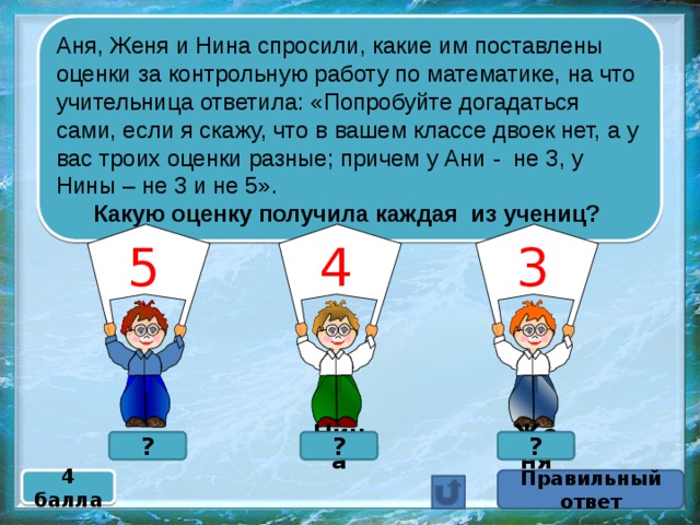 Аня, Женя и Нина спросили, какие им поставлены оценки за контрольную работу по математике, на что учительница ответила: «Попробуйте догадаться сами, если я скажу, что в вашем классе двоек нет, а у вас троих оценки разные; причем у Ани - не 3, у Нины – не 3 и не 5». Какую оценку получила каждая из учениц? 3 4 5 ? Аня Женя Нина ? ? 4 балла Правильный ответ