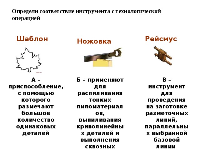 Определи соответствие инструмента с технологической операцией   Шаблон Рейсмус Ножовка В – инструмент для проведения на заготовке разметочных линий, параллельных выбранной базовой линии Б – применяют для распиливания тонких пиломатериалов, выпиливания криволинейных деталей и выполнения сквозных пропилов А – приспособление, с помощью которого размечают большое количество одинаковых деталей 