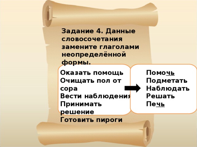 Задание 4. Данные словосочетания замените глаголами неопределённой формы. Оказать помощь Очищать пол от сора Вести наблюдения Принимать решение Готовить пироги Помо чь Подметать Наблюдать Решать Пе чь 