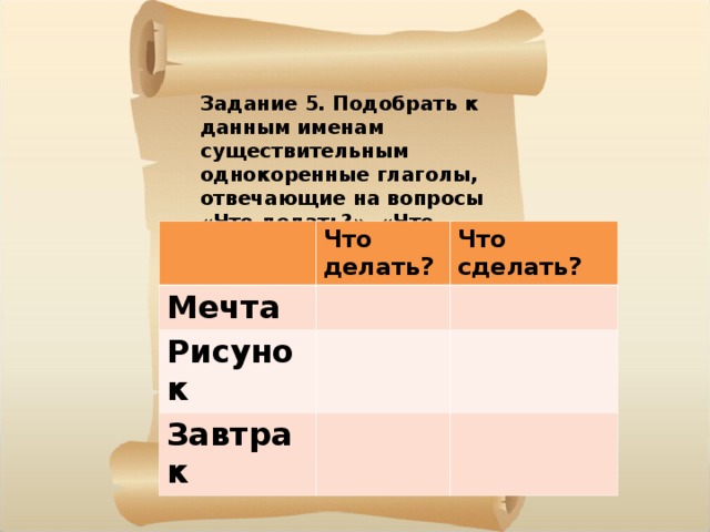 Задание 5. Подобрать к данным именам существительным однокоренные глаголы, отвечающие на вопросы «Что делать?», «Что сделать?». Что делать? Мечта Что сделать? Рисунок Завтрак 