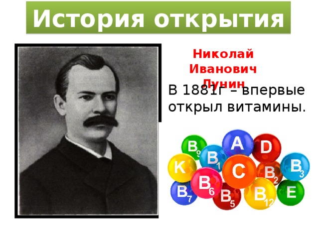 История открытия Николай Иванович Лунин В 1881г – впервые открыл витамины. 