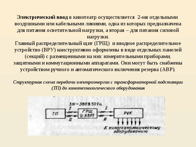  Электрический ввод в кинотеатр осуществляется 2-мя отдельными воздушными или кабельными линиями, одна из которых предназначена для питания осветительной нагрузки, а вторая – для питания силовой нагрузки.  Главный распределительный щит (ГРЩ) и вводное распределительное устройство (ВРУ) конструктивно оформлены в виде отдельных панелей (секций) с размещенными на них измерительными приборами, защитными и коммутационными аппаратами. Они могут быть снабжены устройством ручного и автоматического включения резерва (АВР).   Структурная схема передачи электроэнергии с трансформаторной подстанции (ТП) до кинотехнологического оборудования 