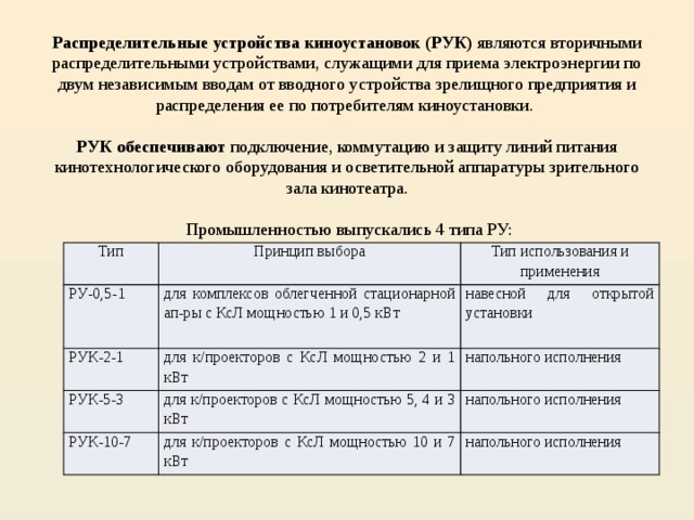 Распределительные устройства киноустановок (РУК) являются вторичными распределительными устройствами, служащими для приема электроэнергии по двум независимым вводам от вводного устройства зрелищного предприятия и распределения ее по потребителям киноустановки.   РУК обеспечивают подключение, коммутацию и защиту линий питания кинотехнологического оборудования и осветительной аппаратуры зрительного зала кинотеатра.    Промышленностью выпускались 4 типа РУ: Тип РУ-0,5-1 Принцип выбора Тип использования и применения для комплексов облегченной стационарной ап-ры с КсЛ мощностью 1 и 0,5 кВт РУК-2-1 навесной для открытой установки РУК-5-3 для к/проекторов с КсЛ мощностью 2 и 1 кВт РУК-10-7 напольного исполнения для к/проекторов с КсЛ мощностью 5, 4 и 3 кВт напольного исполнения для к/проекторов с КсЛ мощностью 10 и 7 кВт напольного исполнения 