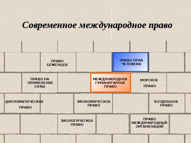 Современное международное право ПРАВО ПРАВ ЧЕЛОВЕКА ПРАВО БЕЖЕНЦЕВ ПРАВО НА  ПРИМЕНЕНИЕ СИЛЫ МЕЖДУНАРОДНОЕ ГУМАНИТАРНОЕ ПРАВО МОРСКОЕ  ПРАВО The figure is not to be interpreted as an attempt to classify or rank the various branches of public international law, it merely mentions some of the more well-known ones. International humanitarian law is shown as one of the “bricks” in the “wall”of contemporary international law. NB! To pay attention of the audience that international humanitarian law and human rights law are two different branches of international law. ЭКОНОМИЧЕСКОЕ ПРАВО ВОЗДУШНОЕ ПРАВО ДИПЛОМАТИЧЕСКОЕ ПРАВО ПРАВО МЕЖДУНАРОДНЫХ ОРГАНИЗАЦИЙ ЭКОЛОГИЧЕСКОЕ ПРАВО 