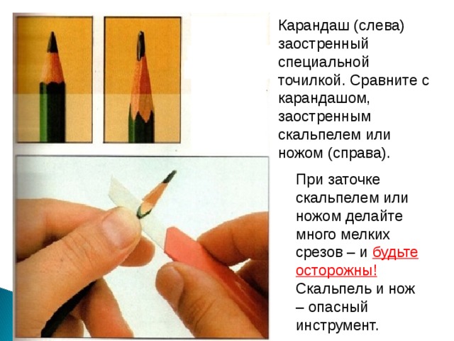 Карандаш (слева) заостренный специальной точилкой. Сравните с карандашом, заостренным скальпелем или ножом (справа). При заточке скальпелем или ножом делайте много мелких срезов – и будьте осторожны! Скальпель и нож – опасный инструмент. 