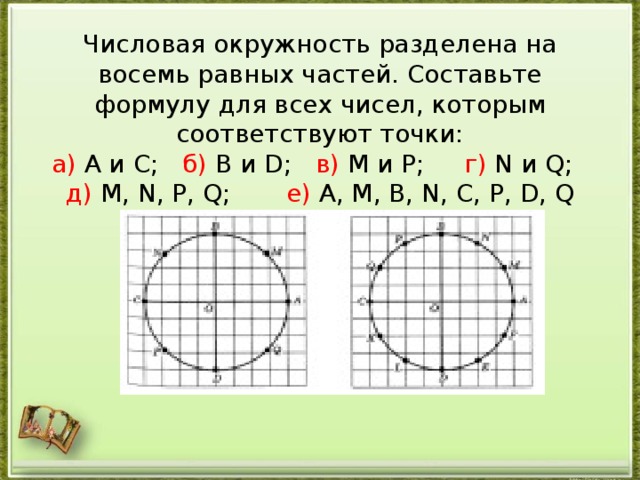 Числовая окружность разделена на восемь равных частей. Составьте формулу для всех чисел, которым соответствуют точки:  а) А и С; б) В и D; в) М и P; г) N и Q; д) M, N, P, Q; е) A, M, B, N, C, P, D, Q 