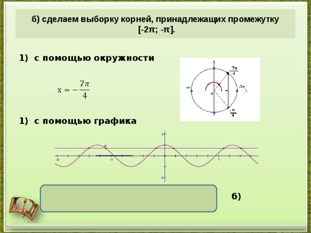 б) сделаем выборку корней, принадлежащих промежутку  [-2π; -π]. с помощью окружности     с помощью графика       Ответ : а) б) 