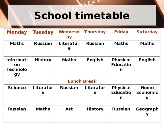 School timetable Monday Tuesday Maths Russian Wednesday Information Technology History Lunch Break Literature  Thursday Russian Science Friday Maths  Literature Russian English Saturday Maths  Maths  Maths  Physical Education  Russian English Art Music Literature  English Physical Education History Physical Education  Geography Home Economics Russian Maths Geography  Literature  