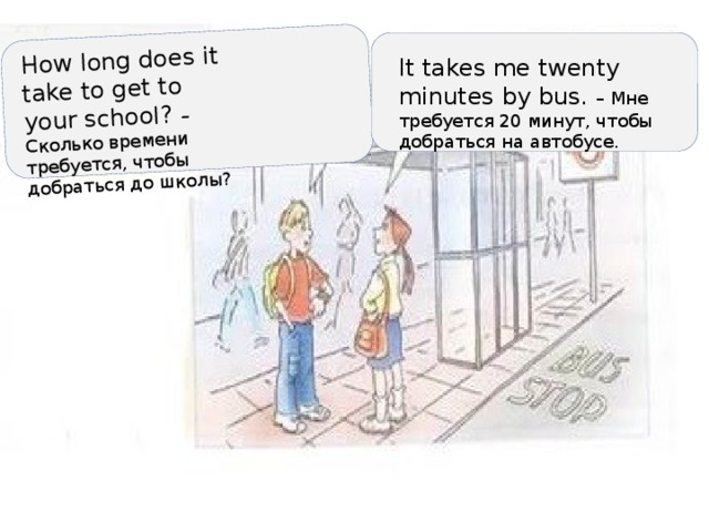How long does it take to get to your school? – Сколько времени требуется, чтобы добраться до школы? It takes me twenty minutes by bus. – Мне требуется 20 минут, чтобы добраться на автобусе. 