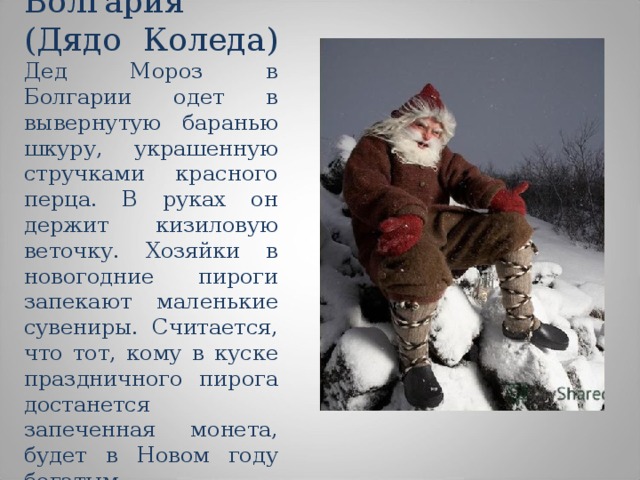 Болгария  (Дядо Коледа)  Дед Мороз в Болгарии одет в вывернутую баранью шкуру, украшенную стручками красного перца. В руках он держит кизиловую веточку. Хозяйки в новогодние пироги запекают маленькие сувениры. Считается, что тот, кому в куске праздничного пирога достанется запеченная монета, будет в Новом году богатым 