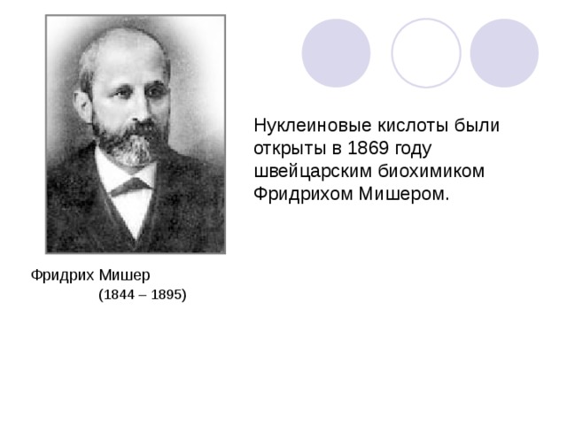 Нуклеиновые кислоты были открыты в 1869 году швейцарским биохимиком Фридрихом Мишером. Фридрих Мишер (1844 – 1895)‏ 