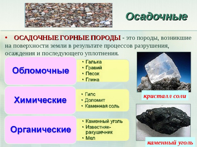 Осадочные  ОСАДОЧНЫЕ ГОРНЫЕ ПОРОДЫ - это породы, возникшие на поверхности земли в результате процессов разрушения, осаждения и последующего уплотнения. кристалл соли каменный уголь 