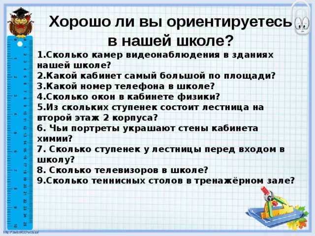 Хорошо ли вы ориентируетесь в нашей школе? 1.Сколько камер видеонаблюдения в зданиях нашей школе? 2.Какой кабинет самый большой по площади? 3.Какой номер телефона в школе? 4.Сколько окон в кабинете физики? 5.Из скольких ступенек состоит лестница на второй этаж 2 корпуса? 6. Чьи портреты украшают стены кабинета химии? 7. Сколько ступенек у лестницы перед входом в школу? 8. Сколько телевизоров в школе? 9.Сколько теннисных столов в тренажёрном зале? 