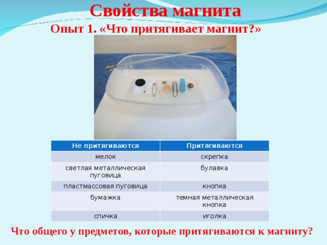 Свойства магнита Опыт 1. «Что притягивает магнит?» Не притягиваются мелок Притягиваются светлая металлическая пуговица скрепка булавка пластмассовая пуговица бумажка кнопка спичка темная металлическая кнопка иголка Что общего у предметов, которые притягиваются к магниту? 