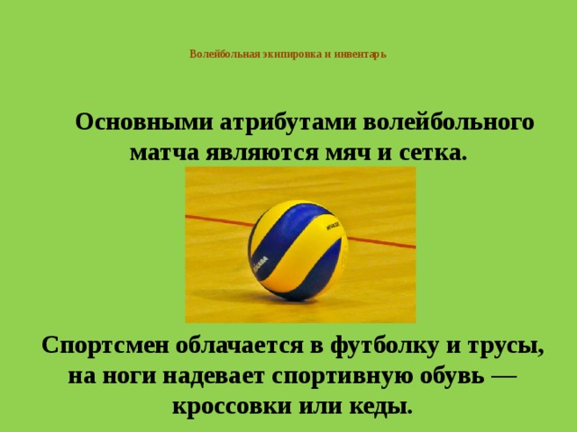   Волейбольная экипировка и инвентарь     Основными атрибутами волейбольного матча являются мяч и сетка. Спортсмен облачается в футболку и трусы, на ноги надевает спортивную обувь — кроссовки или кеды. 