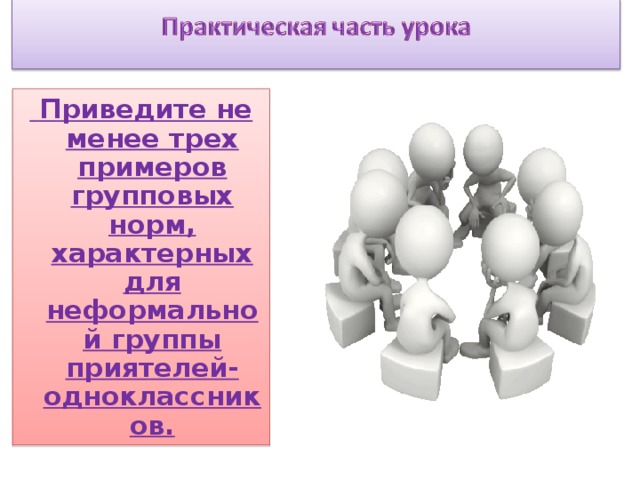  Приведите не менее трех примеров групповых норм, характерных для неформальной группы приятелей-одноклассников. 