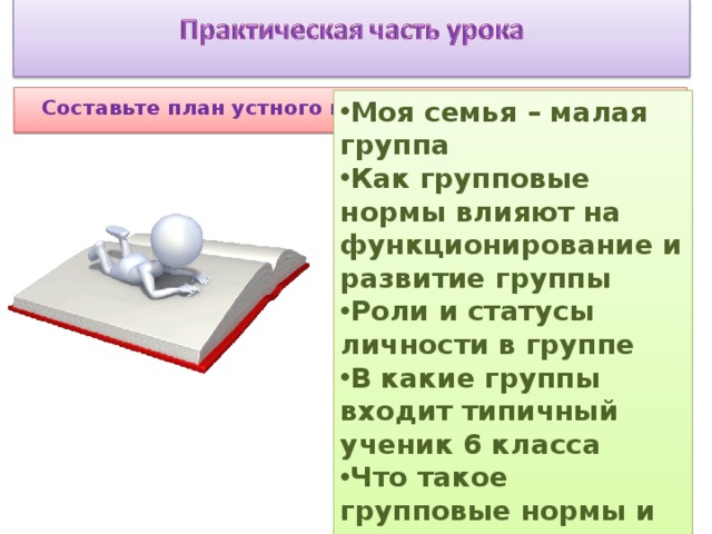  Составьте план устного выступления на одну из тем  Моя семья – малая группа Как групповые нормы влияют на функционирование и развитие группы Роли и статусы личности в группе В какие группы входит типичный ученик 6 класса Что такое групповые нормы и санкции. 