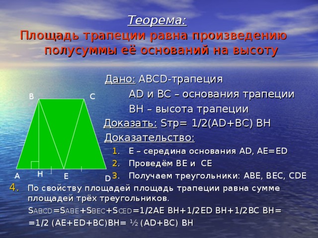 Теорема:   Площадь трапеции равна произведению полусуммы её оснований на высоту   Дано:  ABCD -трапеция  AD и BC – основания трапеции  BH – высота трапеции  Доказать:  S тр= 1/2(AD+BC) BH   Доказательство:     1 . Е – середина основания AD , AE=ED  2 . Проведём BE и CE   3 . Получаем треугольники: ABE , BEC , CDE По свойству площадей площадь трапеции равна сумме площадей трёх треугольников.  S ABCD =S ABE +S BEC +S CED =1/2AE BH+1/2ED BH+1/2BC BH=  =1/2 (AE+ED+BC)BH= ½ (AD+BC)  BH C B H A E D 