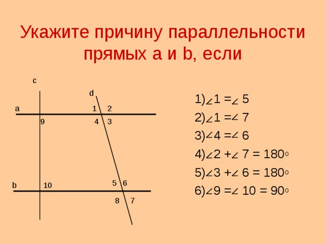 Укажите причину параллельности прямых а и b , если с d 1  =  5 1  =  7 4  =  6 2  +  7  =  180 о 3  +  6  =  180 о 9  =  10  =  90 о 2 а 1 3 4 9 6 5 10 b 8 7 