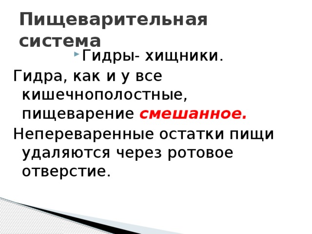 Пищеварительная система Гидры- хищники. Гидра, как и у все кишечнополостные, пищеварение  смешанное. Непереваренные остатки пищи удаляются через ротовое отверстие. 