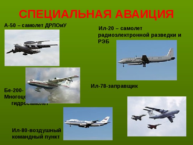 СПЕЦИАЛЬНАЯ АВАИЦИЯ А-50 – самолет ДРЛОиУ    Бе-200- Многоцелевой гидросамолет  Ил-20 – самолет радиоэлектронной разведки и РЭБ   Ил-78-заправщик    Ил-80-воздушный командный пункт 