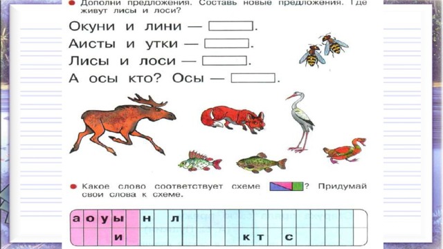 Схема слова аист 1 класс. Азбука составление предложения. Дополни предложение окуни и лини. Схема слова Линь. Составь схему окунь.