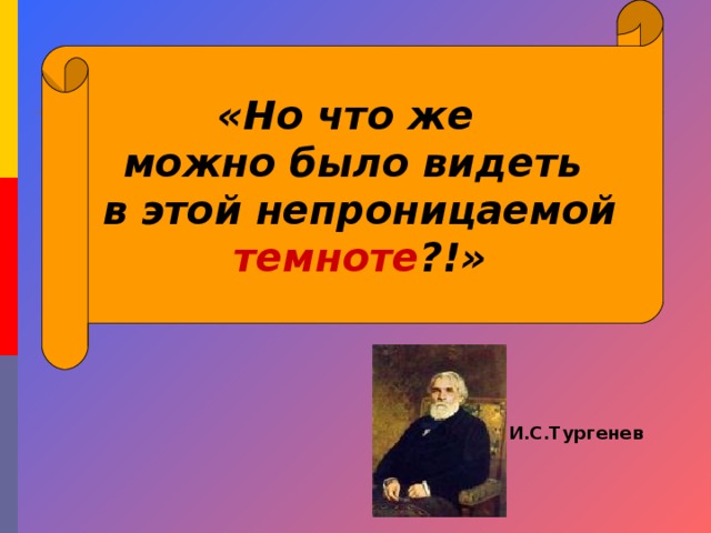 «Но что же можно было видеть  в этой непроницаемой  темноте ?!» И.С.Тургенев 