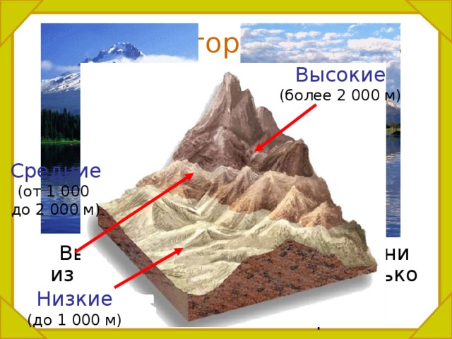 Различие гор по высоте. Высокие (более 2 000 м) Средние (от 1 000 до 2 000 м)  Высота гор бывает разной. Одни из них возвышаются на несколько сотен метров, другие – на несколько километров. Низкие (до 1 000 м) 