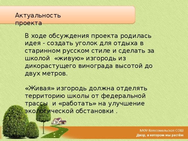 Актуальность проекта В ходе обсуждения проекта родилась идея - создать уголок для отдыха в старинном русском стиле и сделать за школой «живую» изгородь из дикорастущего винограда высотой до двух метров. «Живая» изгородь должна отделять территорию школы от федеральной трассы и «работать» на улучшение экологической обстановки . 