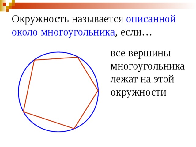 Окружность называется описанной около многоугольника , если… все вершины многоугольника лежат на этой окружности 