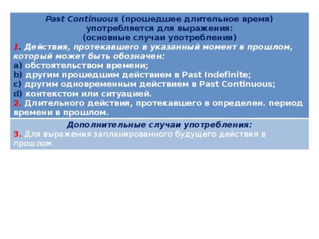 Past Continuous (прошедшее длительное время) употребляется для выражения: Дополнительные случаи употребления: (основные случаи употребления) 3.  Для выражения запланированного будущего действия в прошлом. 1 . Действия, протекавшего в указанный момент в прошлом, который может быть обозначен: а) обстоятельством времени; b) другим прошедшим действием в Past Indefinite; c) другим одновременным действием в Past Continuous; d) контекстом или ситуацией. 2. Длительного действия, протекавшего в определен. период времени в прошлом. 