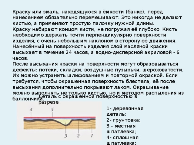 Краску или эмаль, находящуюся в ёмкости (банке), перед нанесением обязательно перемешивают. Это никогда не делают кистью, а применяют простую палочку нужной длины. Краску набирают концом кисти, не погружая её глубоко. Кисть необходимо держать почти перпендикулярно поверхности изделия, с очень небольшим наклоном в сторону её движения. Нанесённый на поверхность изделия слой масляной краски высыхает в течение 24 часов, а водно-дисперсной акриловой - 6 часов.   После высыхания краски на поверхности могут образовываться дефекты: потёки, складки, воздушные пузырьки, шероховатости. Их можно устранить шлифованием и повторной окраской. Если требуется, чтобы окрашенная поверхность блестела, её после высыхания дополнительно покрывают лаком. Окрашивание можно выполнять не только кистью, но и методом распыления из баллончика.   Деталь с окрашенной поверхностью в разрезе 1- деревянная деталь; 2- грунтовка; 3 - местная шпатлевка; 4- сплошная шпатлевка; 5- краска. 