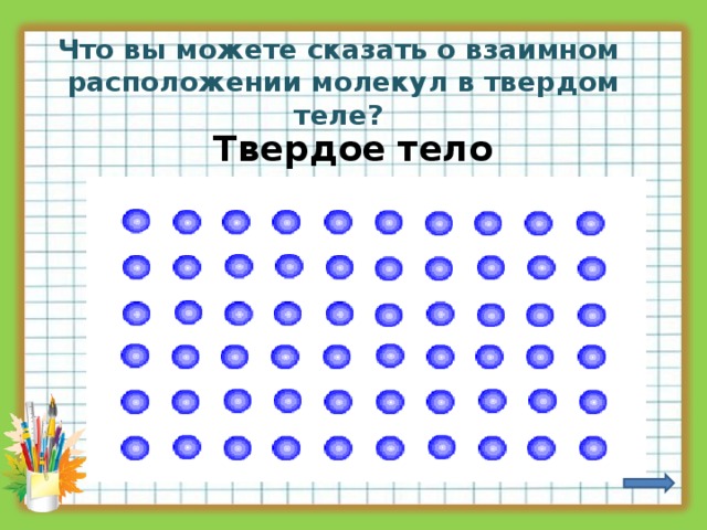 Что вы можете сказать о взаимном  расположении молекул в твердом теле? Твердое тело 