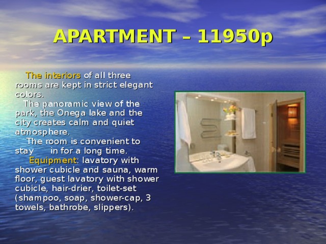 APARTMENT – 11950p     The interiors of all three rooms are kept in strict elegant colors.     The panoramic view of the park, the Onega lake and the city creates calm and quiet atmosphere.      The room is convenient to stay in for a long time. Equipment : lavatory with shower cubicle and sauna, warm floor, guest lavatory with shower cubicle, hair-drier, toilet-set (shampoo, soap, shower-cap, 3 towels, bathrobe, slippers).  