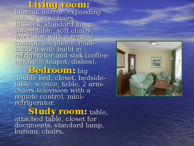  Living room : bureau, mirror , expanding sofa, 2 arm-chairs, hassock,  standard lamp, coffee table , soft chairs , television with a remote control , tele phon e, mini-kitchen with build in refrigerator and sink (coffee-machine, teapot, dishes).   Bedroom : big double bed , closet , bedside-table, sconce , table, 2 arm-chairs ,television with a remote control, mini-refrigerator .  Study room :  table, attached table , closet for document s, standard lamp, bureau , chairs . 