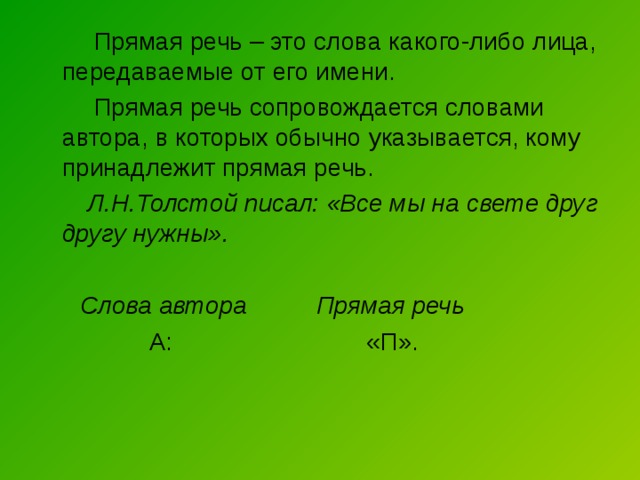  Прямая речь – это слова какого-либо лица, передаваемые от его имени.  Прямая речь сопровождается словами автора, в которых обычно указывается, кому принадлежит прямая речь.  Л.Н.Толстой писал: «Все мы на свете друг другу нужны».   Слова автора Прямая речь  А: «П». 