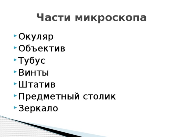 Части микроскопа Окуляр Объектив Тубус Винты Штатив Предметный столик Зеркало 