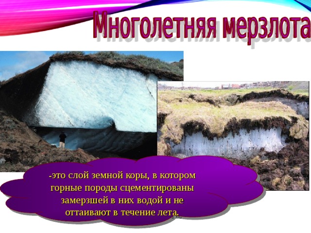 - это слой земной коры, в котором горные породы сцементированы замерзшей в них водой и не оттаивают в течение лета. 