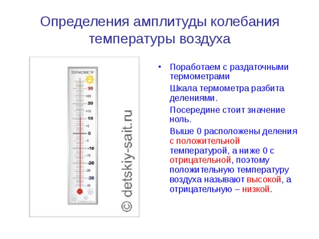 Определения  амплитуды колебания температуры воздуха Поработаем с раздаточными термометрами  Шкала термометра разбита делениями.  Посередине стоит значение ноль.  Выше 0 расположены деления с положительной температурой, а ниже 0 с отрицательной , поэтому положительную температуру воздуха называют высокой , а отрицательную – низкой . 