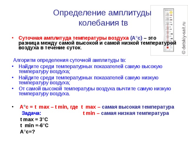 Определение  амплитуды  колебания tв Суточная амплитуда температуры воздуха  (А°с) – это разница между самой высокой и самой низкой температурой воздуха в течение суток .  Алгоритм определения суточной амплитуды tв: Найдите среди температурных показателей самую высокую температуру воздуха; Найдите среди температурных показателей самую низкую температуру воздуха; От самой высокой температуры воздуха вычтите самую низкую температуру воздуха.   А ° с = t max – t min, где t max – самая высокая температура  Задача: t min – самая низкая температура  t max = 3°С  t min =-6°С  А°с=? 