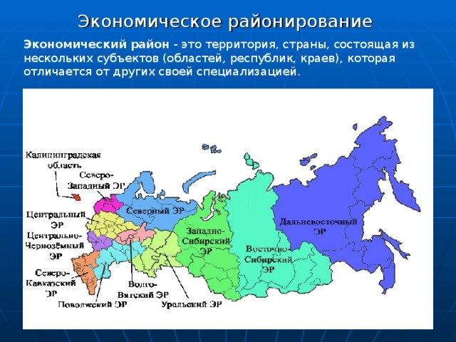 Экономическое районирование Экономический район - это территория, страны, состоящая из нескольких субъектов (областей, республик, краев), которая отличается от других своей специализацией. 