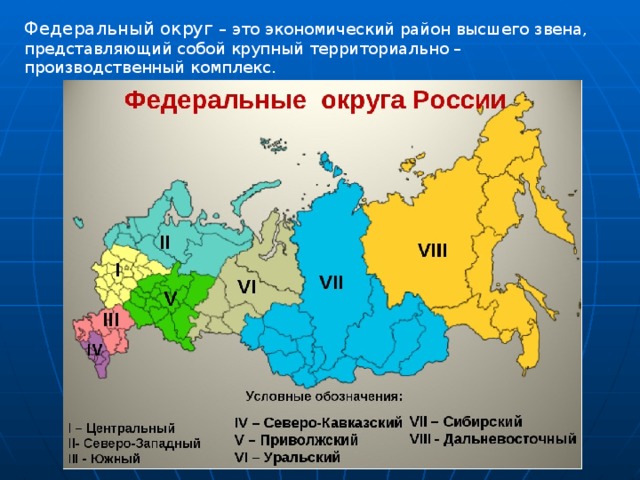 Федеральный округ – это экономический район высшего звена, представляющий собой крупный территориально – производственный комплекс. 