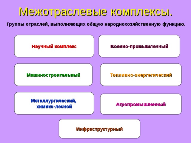 Межотраслевые комплексы.   Группы отраслей, выполняющих общую народнохозяйственную функцию. Научный комплекс Военно-промышленный Машиностроительный Топливно-энергетический Металлургический, химико-лесной Агропромышленный Инфраструктурный 