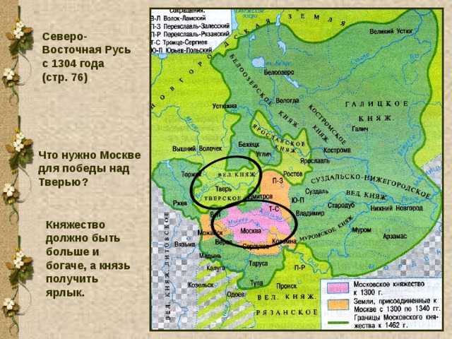Северо-Восточная Русь с 1304 года (стр. 76) Что нужно Москве для победы над Тверью? Княжество должно быть больше и богаче, а князь получить ярлык. 
